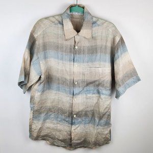 Jhane Barnes 100% Linen Striped Plaid Short Sleeve Button Up Shirt sz S